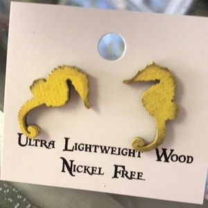 Ultra lightweight wood yellow seahorse earrings
